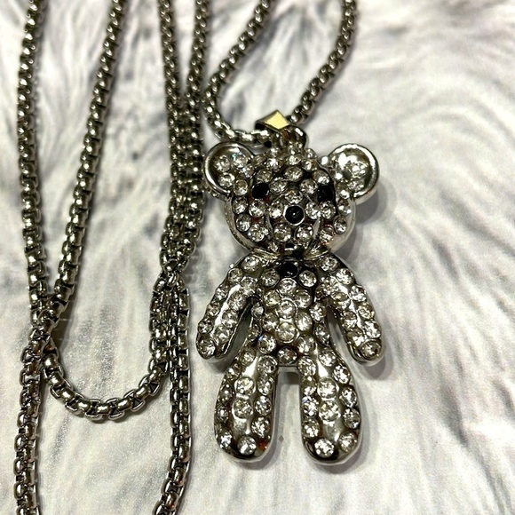 Betsy Johnson Bear Rhinestone Silver Necklace - Picture 12 of 16